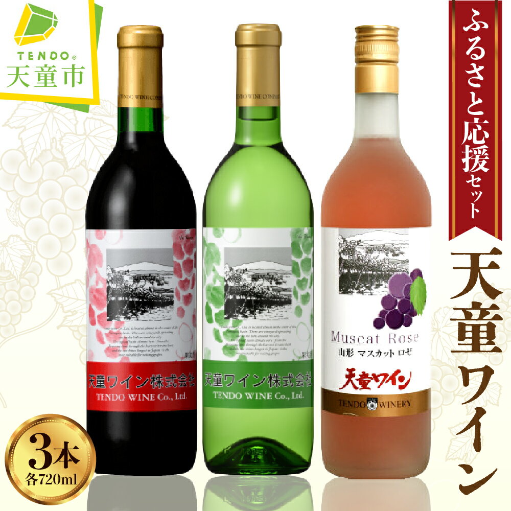 【ふるさと納税】 天童ワインふるさと応援セット 赤 白 ロゼ ワイン 飲み比べ セット 720ml 3本 赤 辛口 ライトボディ / 白 やや甘口 ライトボディ / マスカットロゼ 甘口 ライトボディ のし 贈答 送料無料 天童ふるさと銘酒会 天童ワイン 【 山形県 天童市 】