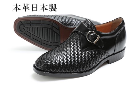 ビジネスシューズ 本革 革靴 カンガルー革 通気性 メッシュ モンク 紳士靴 4E ワイド No.1275 ブラック ファッション 雑貨 日用品  BN002 24.0cm