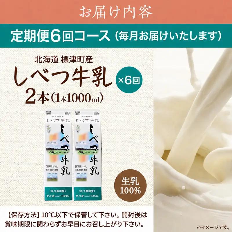 【毎月2本】【6ヶ月定期便】 しべつ牛乳 1L×2本 北海道 パックミルク 牛乳【AE027】