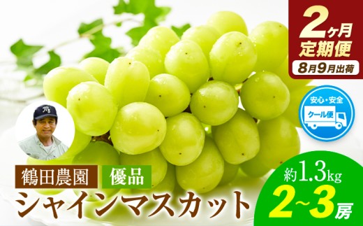 【2ヶ月定期便】【優品】先行予約 シャインマスカット 鶴田農園 約1.3kg (2-3房)/月×2回 熊本県荒尾市産《8月下旬-9月下旬頃出荷》熊本県 荒尾市 フルーツ 果物 送料無料 葡萄 ぶどう マスカット