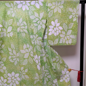 絞り　浴衣　ゆかた　若草色　ミシンと手縫併用