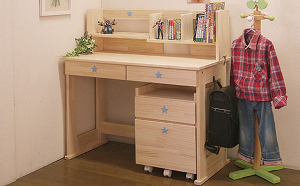 ハンドメイド 学習机「オールスター」パイン材 ワゴン・本立て付き 3点セット