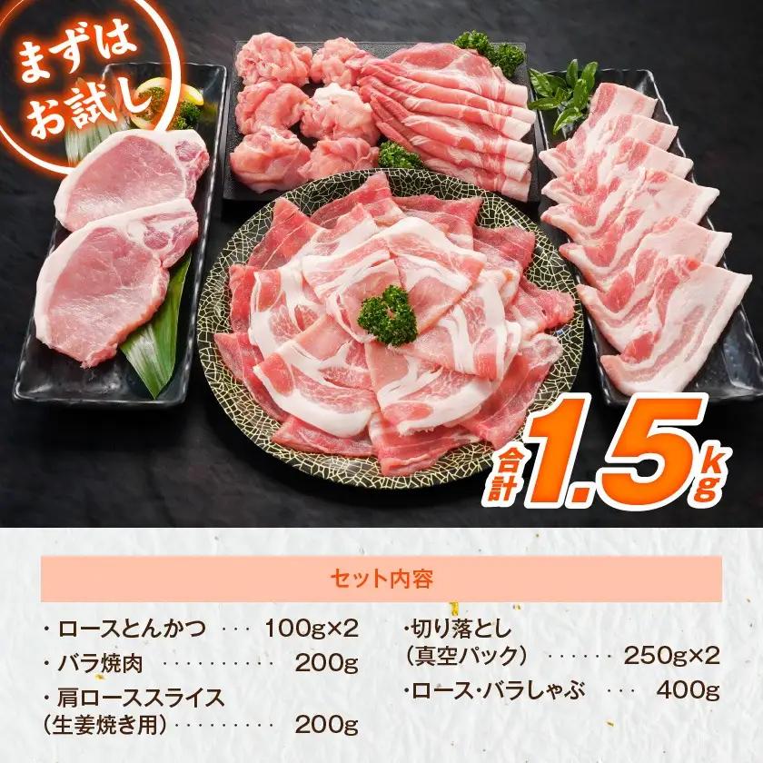 宮崎県産豚わくわく1.5kgセット(真空)〔11-84-002-1500g〕_(都城市) 豚肉 豚肉セット 宮崎県産豚 しゃぶしゃぶ バラ 焼肉 切り落とし 肩ローススライス ロース とんかつ ミンチ