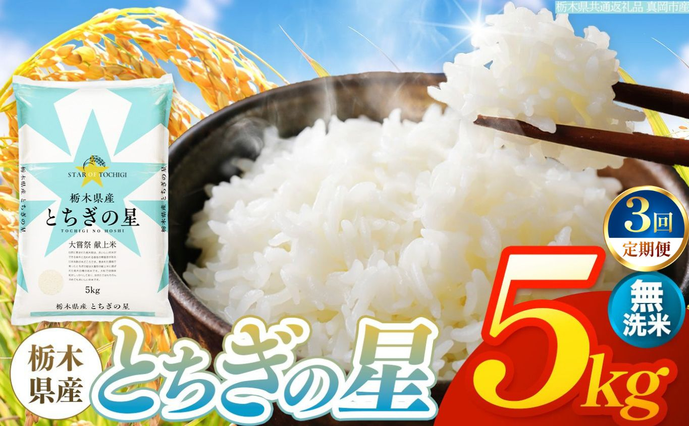 【令和8年産 新米】 【定期便3回】栃木県産 お米 とちぎの星　（無洗米） 5kg 【2026年秋以降発送】 |  栃木県 矢板市 【栃木県共通返礼品 真岡市産】 【定期便3回】無洗米 5kg | 3
