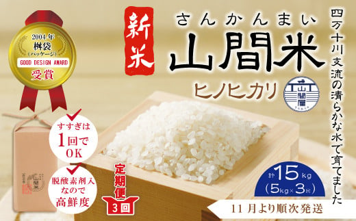 24-860．【令和6年産新米・早期受付・数量限定・3回定期便】四万十川の支流で育った山間米5kg×3回（計15kg）（ヒノヒカリ）【2024年11月より順次発送】