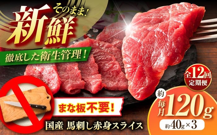 
                  【全12回定期便】馬刺し まな板不要! フジチク 切れてる 国産馬刺し 3P 計約120g　/ 馬刺し 熊本馬刺し 国産馬刺し 熊本 菊陽 醬油 生姜 タレ 赤身【株式会社フジチク】 [BHAD104]
                