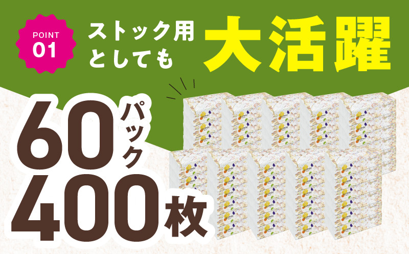 ALOHAS ソフトパックティッシュ 60パック×400枚(200組)【生活用品 雑貨 日用品 必需品 紙 常備品 まとめ買い 備蓄 防災 ティッシュペーパー】 010B1754_イメージ2