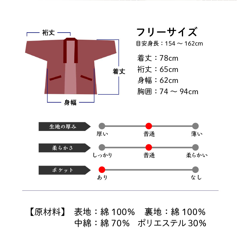 久留米綿入り はんてん 女性用 ヒッコリー柄【レッド】_久留米織 ヒッコリー柄 女性用 はんてん 綾織 久留米綿入り 選べる カラー レッド リビング 保温性 吸湿性 着心地よい 体 馴染む ポケット