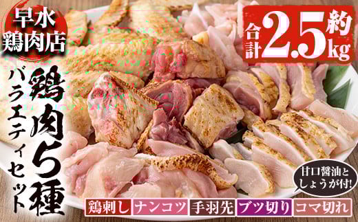 y115 ＜2025年12月発送分(12月31日迄に発送)＞鹿児島県産！自家製鶏の5種バラエティセット(約2.5kg) 国産 九州産 鳥刺し 鶏刺し 鳥さし 鶏さし とりさし 鶏肉 とり肉 手羽先 細切れ ナンコツ とり お肉 肉 刺身 おつまみ タレ 生姜 甘口醤油 醤油付き 小分け 冷凍【早水鶏肉店】