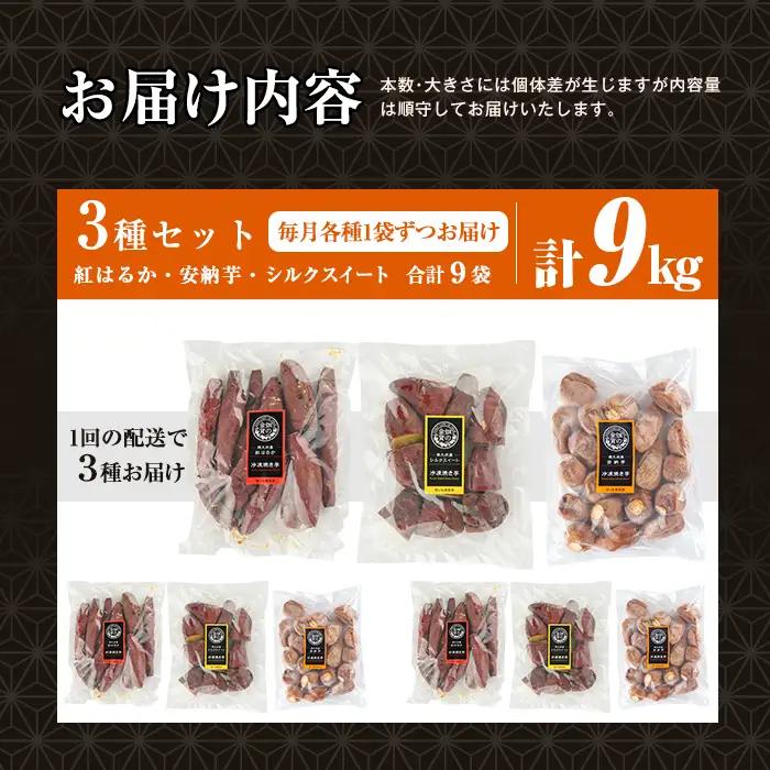 a0003-3S3 【3回定期便】冷凍焼き芋！畑の金貨・やきいも 3種セット《紅はるか1kg、安納芋1kg、シルクスイート1kg》(3kg×3回 計9kg)【甘いも販売所】姶良市 冷凍 さつまいも 訳