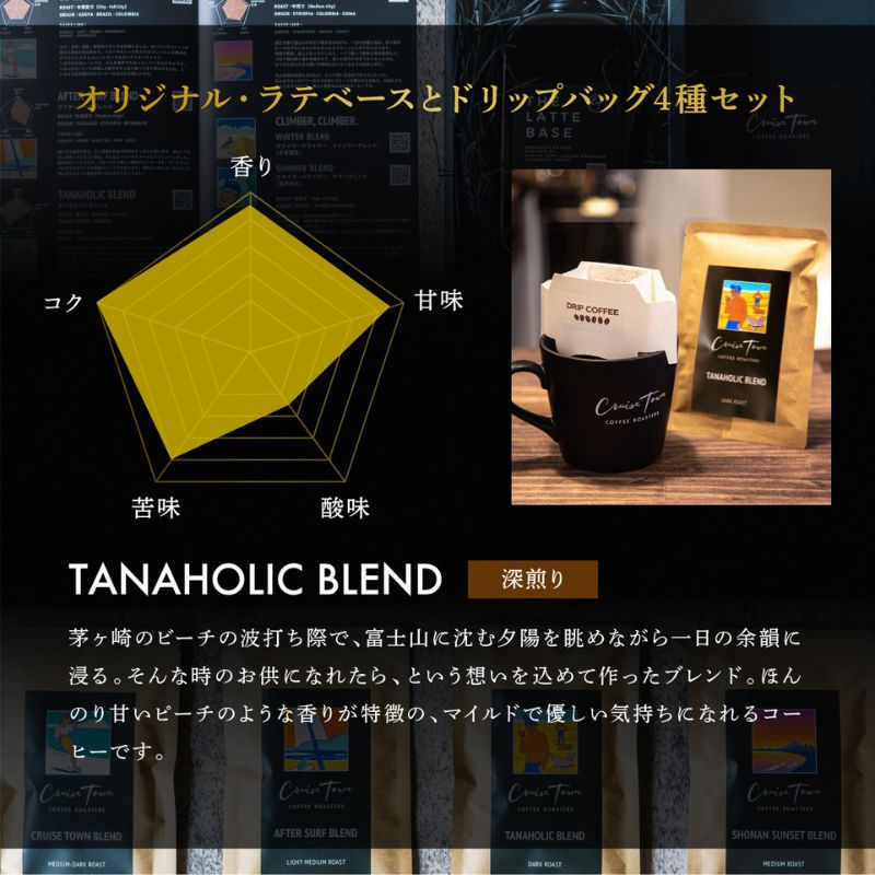 3ヵ月定期便【茅ヶ崎のスペシャルティコーヒー専門ロースター】CRUISE TOWN COFFEE ROASTERS オリジナル・ラテベースとドリップバッグ4種セット