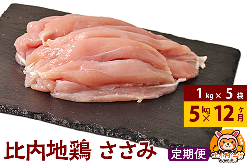 
            【定期便12ヶ月】比内地鶏 ささみ 5kg(1kg×5袋) 5kg 国産 冷凍 鶏肉 鳥肉 とり肉 ササミ
          