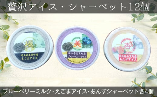 【美里町特産品使用】贅沢アイス・シャーベット12個セット（3種類：えごま・ブルーベリー＆えごま・あんず） [No.045] ／ 詰め合わせ アイスギフト フルーツアイス ご当地アイス えごまアイス ブルーベリーアイス あんずシャーベット フルーツシャーベット デザート お取り寄せスイーツ 夏ギフト 小分けアイス 食べ比べ 埼玉県