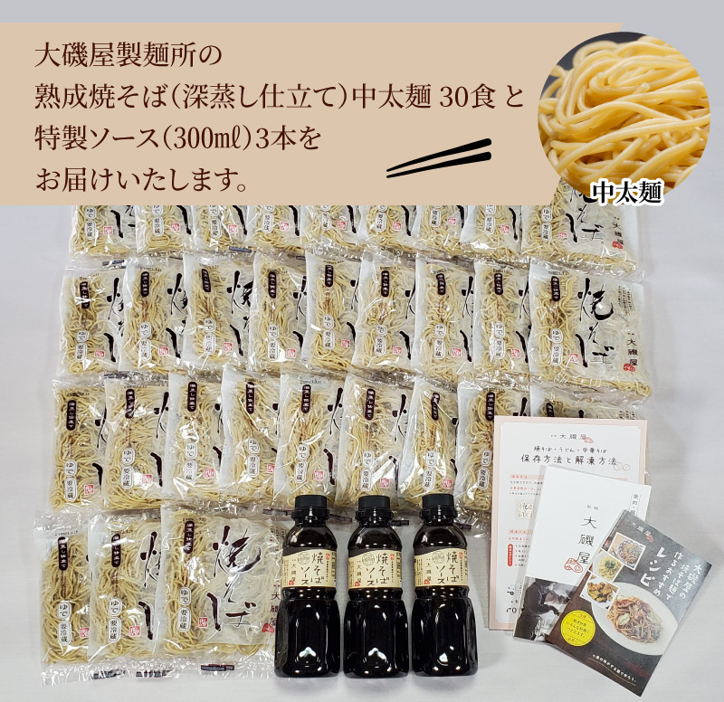 メディア紹介多数！大磯屋製麺所の熟成焼そば（深蒸し仕立て） 30食(中太麺) 特製ソース3本付き H014-025