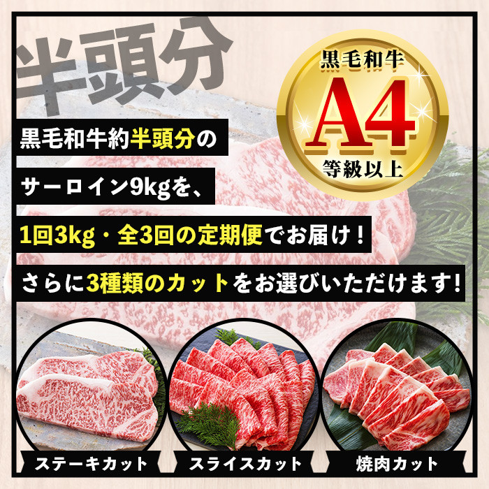 ＜定期便・全3回＞カットを選べる！鹿児島県産黒毛和牛サーロイン半頭分(3kg×3回・総計9kg) 鹿児島県産 尾崎牧場 A4等級以上 黒毛和牛 和牛 牛肉 お肉 サーロイン ステーキ スライス すき焼
