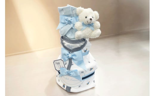 おむつケーキ　デザイン：ペアロゴ（6M） 【おむつ ケーキ プレゼント 洋服 カバーオール 靴下 ギフト お祝い】