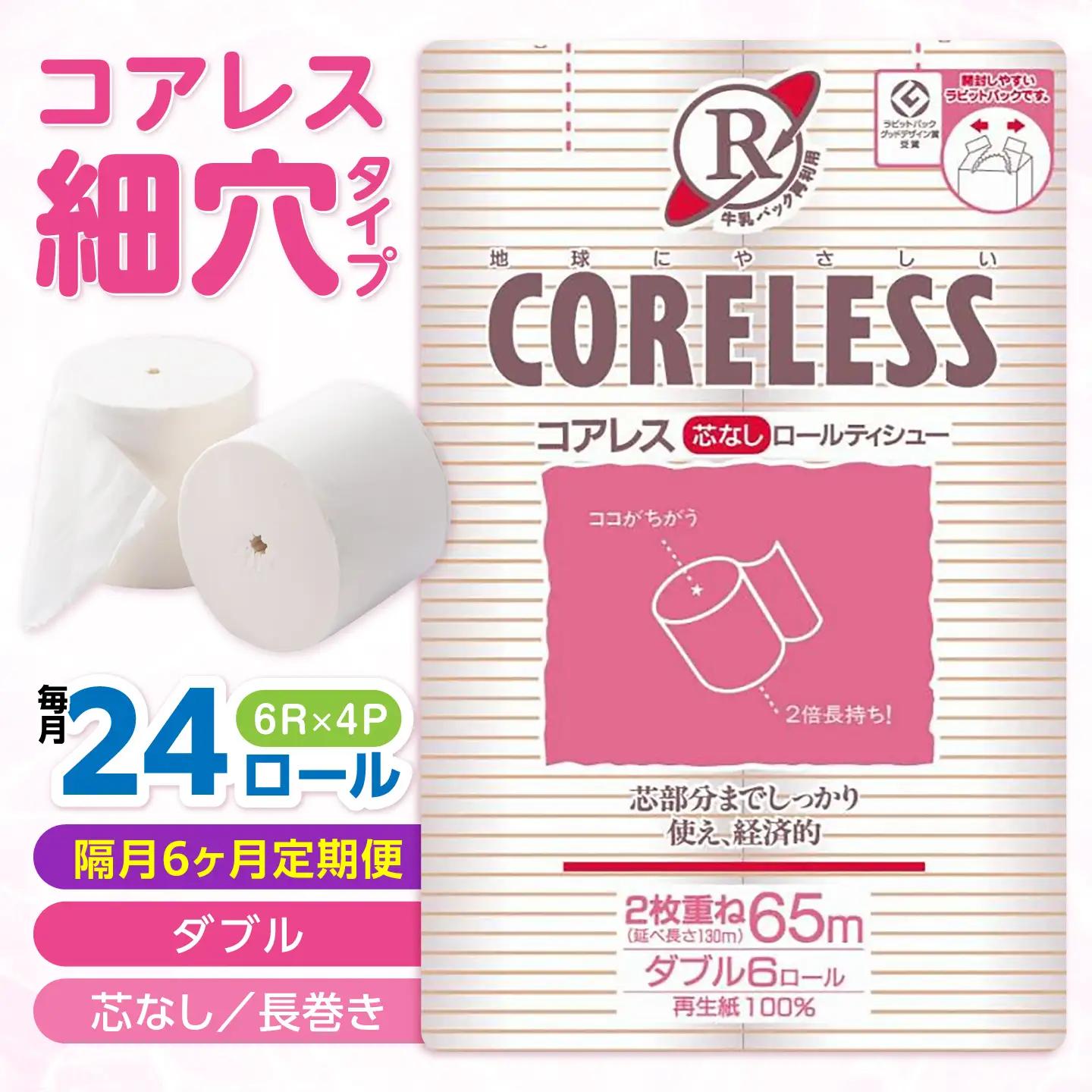 【隔月 全6回定期便】【細穴】トイレットペーパー ダブル 24ロール 65m コアレス VAA071