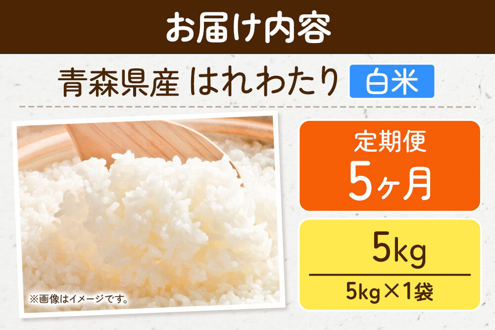 《定期便5ヶ月》米 令和7年産 青森県弘前市産 はれわたり【精米】5kg（5kg×1袋）