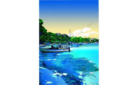 版画 鈴木英人版画 「バージン アイランズ」 フレーム付き 絵画 アート 絵 芸術 インテリア サイン入り カリブ海 漁師 船 エメラルド 逗子市 神奈川県