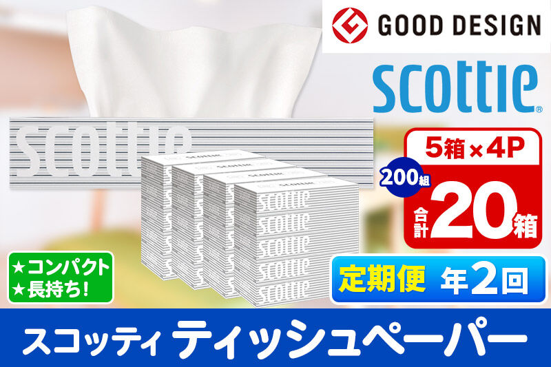 《6ヶ月ごとに2回お届け》定期便 ティッシュペーパー スコッティ 200組 20箱(5箱×4パック) ティッシュ 秋田市オリジナル 新生活 [ティッシュ ボックスティッシュ 定期便 新生活]