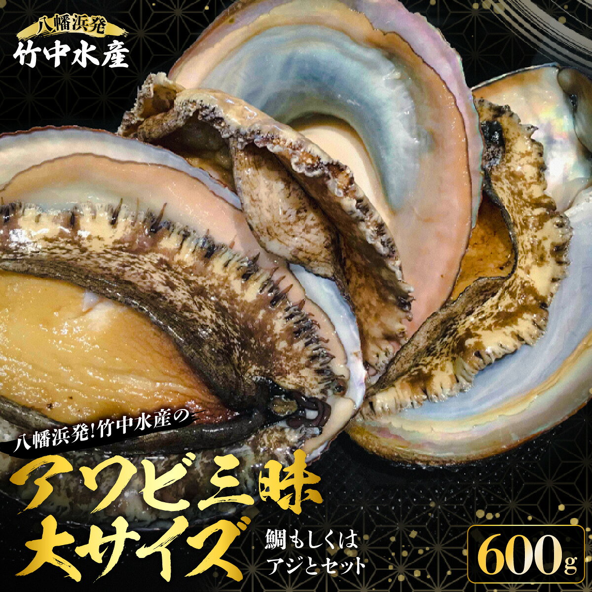 【ふるさと納税】八幡浜発!竹中水産の「アワビ三昧大サイズ」600g(鯛もしくはアジとセット)　【H22-212】_ 鮑 あわび アワビ 活きあわび 魚介 魚介類 海鮮 天然 活き 鮮魚 刺身 冷蔵 大サイズ【配送不可地域：離島・北海道・沖縄県】【1043108】YWTM030