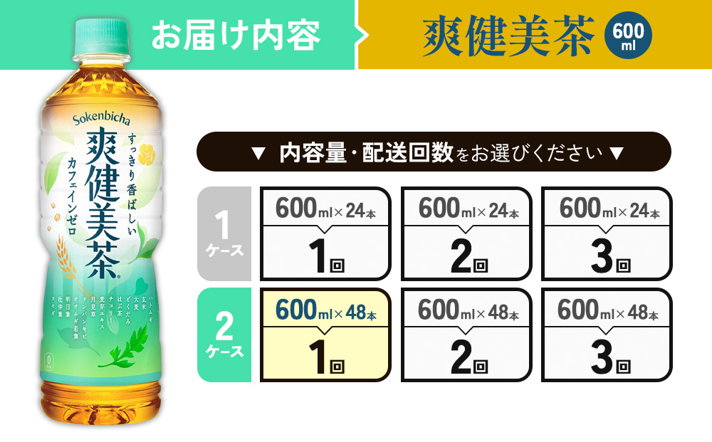 爽健美茶 600ml PET【コカ・コーラ】ペットボトル 2ケース(48本) 定期便 セット お茶 カフェインゼロ ノンカフェイン ハトムギ ブレンド茶 宮崎県 えびの市 送料無料