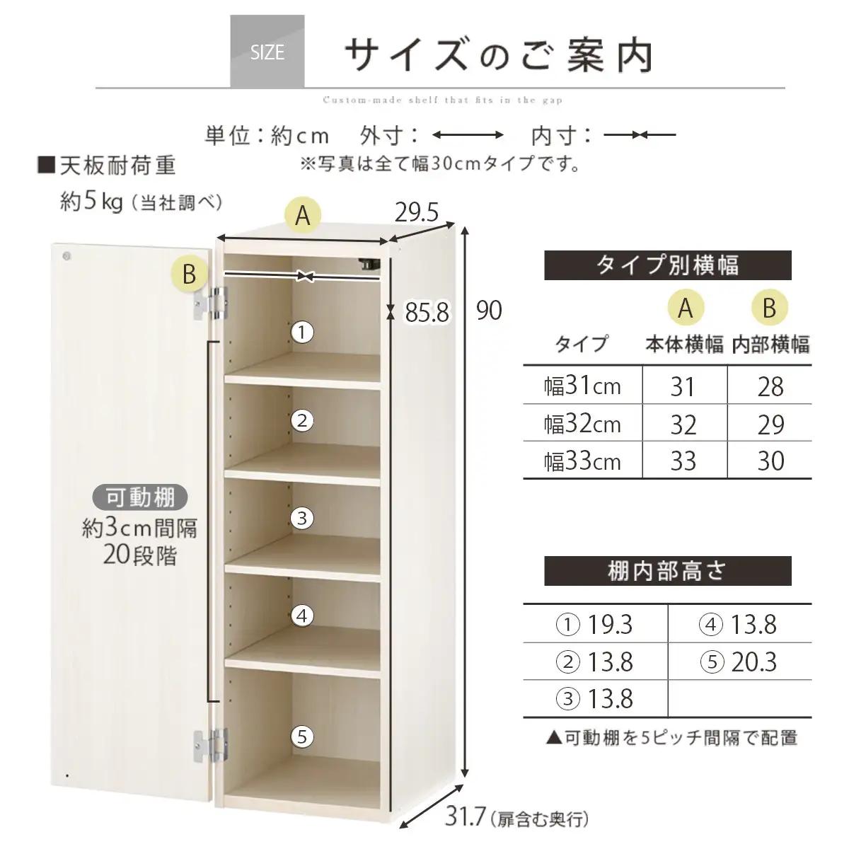 【完成品でお届け】オーダーすき間ラック〔幅32cm・扉左開き・ロータイプ〕（ホワイトウッド）すき間ラック 収納棚 扉付き スリム 約 奥行32 高さ90 ロータイプ オーダーラック キッチン AKAN