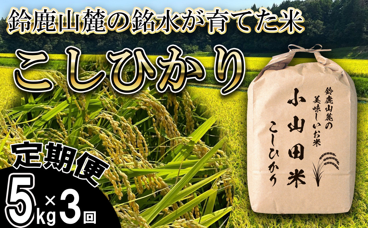 ＜定期便＞【令和8年度】新米 こしひかり（精米）5kg【3ヶ月】鈴鹿山麓の銘水が育てた米 │ 米どころ 三重県産 小山田地区  小山田米  米 コメ 白米 精米 定期便 5kg×3ヶ月 こしひかり