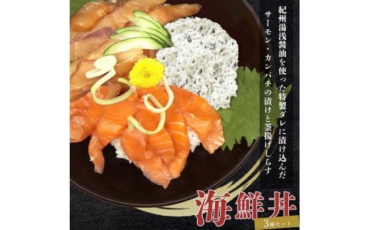 紀州湯浅醤油を使ったサーモンとカンパチの漬け＆釜揚げしらすの 海鮮丼 ３種セット 計３００g / サーモン 魚 魚介 カンパチ かんぱち しらす シラス 和歌山 醤油【uot756A】