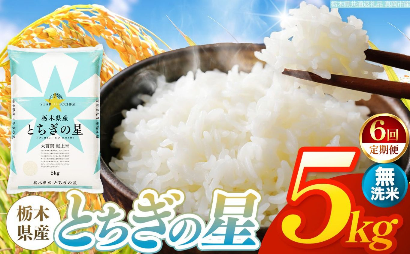 【令和8年産 新米】 【定期便6回】栃木県産 お米 とちぎの星　（無洗米） 5kg 【2026年秋以降発送】 |  栃木県 矢板市 【栃木県共通返礼品 真岡市産】 【定期便6回】無洗米 5kg | 6