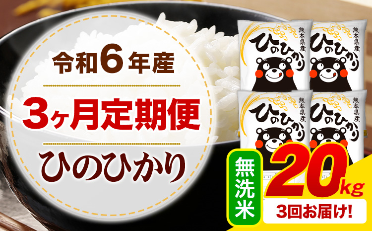 【3ヶ月定期便】令和6年産 無洗米 ひのひかり 定期便 20kg《お申込み月の翌月から出荷開始》令和6年産 熊本県産 ふるさと納税 精米 ひの 米 こめ ふるさとのうぜい ヒノヒカリ コメ お米---mifune_lcl_148_mo3num1---