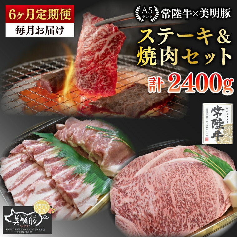 【ふるさと納税】【6ヶ月定期便】【常陸牛 A5ランク・美明豚ステーキ焼肉セット】常陸牛サーロイン200g＋美明豚200g（ロース100g・ばら100g）【冷凍 国産牛 和牛 牛肉 豚肉 ブランド豚 茨城県 水戸市 食べ比べ セット商品 国産 BBQ】（EK-34_2）