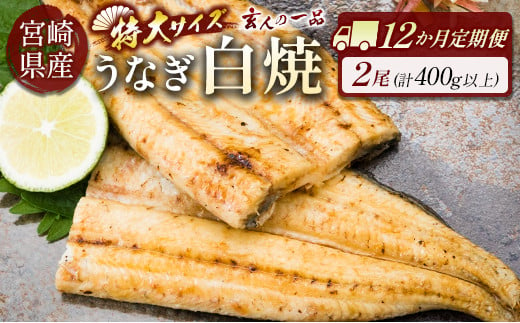 
［玄人の一品］うなぎ白焼き 2尾×12ヶ月定期便（200～250g程度/1尾あたり）宮崎県産鰻 蒲焼タレ付【G37】
