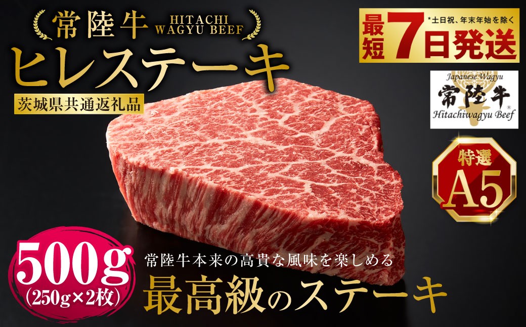 
                  【常陸牛特選A5】ヒレステーキ250g×2枚 （茨城県共通返礼品） | 計500g 牛肉 肉 お肉 ヒレ ステーキ 冷凍 茨城県 守谷市
                