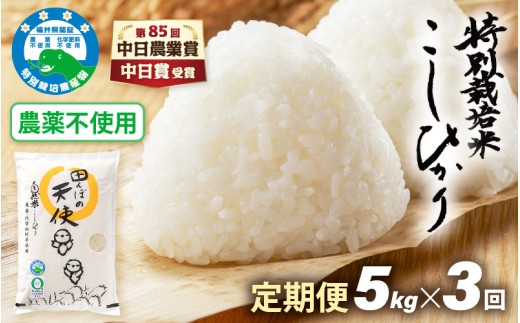 【中日賞受賞】《3ヶ月定期便》農薬不使用 こしひかり 5kg×3ヶ月連続 計15kg 令和7年産 特別栽培米コシヒカリ【精米】福井県認証区分1取得「田んぼの天使」越前町【コシヒカリ 精米 こしひかり 5キロ お米 コメ 米 農薬化学肥料不使用 福井県 越前町】 [e10-f003]