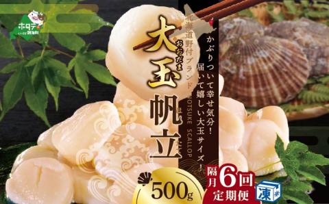 【隔月6回定期便】北海道 野付産  冷凍ホタテ 貝柱 届いて嬉しい 大玉 ホタテ 500g 6回 配送 水産事業者支援