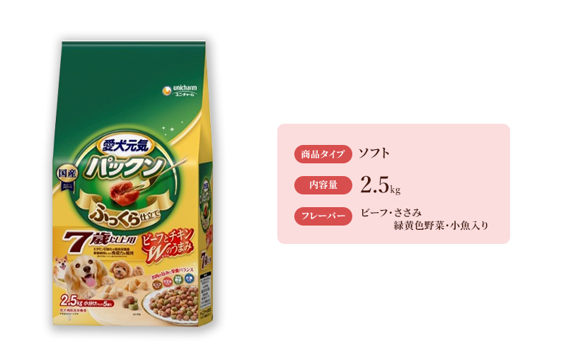 
愛犬元気パックン 7歳以上用 ビーフ・ささみ・緑黄色野菜・小魚入り 2.5kg×4袋 [№5275-0487]
