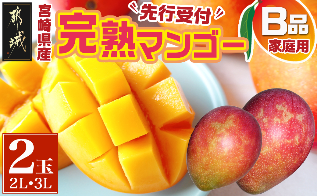 【先行受付!】宮崎県産完熟マンゴー(B品)【2L×1玉、3L×1玉】≪2027年5月中旬以降順次お届け≫〔21-0101〕_(都城市)