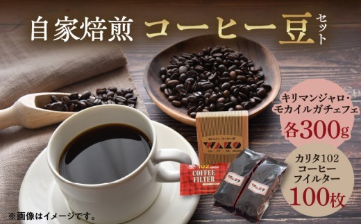 
                  自家焙煎 コーヒー豆 (キリマンジャロ・モカイルガチェフェ)各300gとカリタ102コーヒーフイルター100枚セット_ZD6083n
                