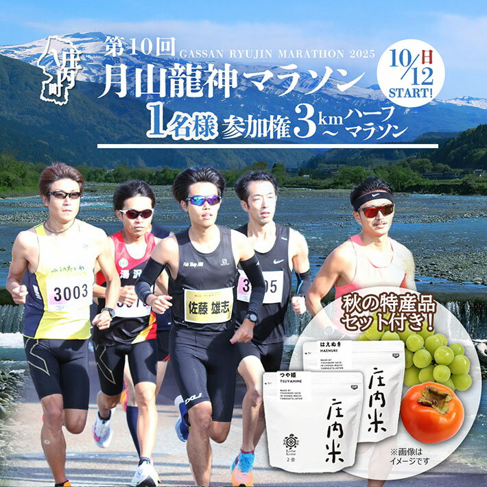 【ふるさと納税】 第10回 月山龍神マラソン 一般の部 選べる種目（3km / 5km /10km / ハーフ） 参加権（1名様分）＆新米 庄内米食べ比べセットと秋のフルーツ【入金期限：2025.7.25】 ふるさと納税 山形 マラソン