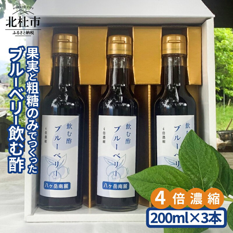 【ふるさと納税】ブルーベリー ビネガー 果実酢 フルーツ 酢 飲む酢 200ml 3本4倍濃縮 ドリンク 濃縮 ハイブッシュブルーベリー 熟成 まろやか 果実丸ごと ドレッシング 隠し味 添加物不使用 化学調味料無添加 合成保存料 着色料 香料 不使用 ギフト 山梨県 北杜市 送料無料