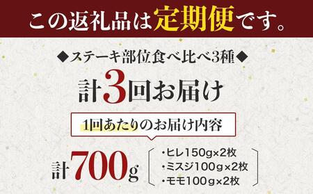 【定期便全3回】博多和牛【A4～A5】ステーキ部位食べ比べ3種（ヒレ150g×2枚、ミスジ100ｇ×2枚、モモ100ｇ×2枚）計700ｇ