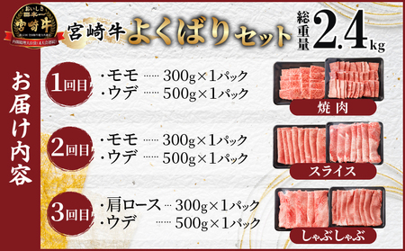 3か月お楽しみ定期便『宮崎牛よくばりセット』総重量2.4kg 肉 牛 牛肉 おかず 国産_T030-021【人気 肉 ギフト 肉 食品 肉 すき焼き 肉 しゃぶしゃぶ 肉 焼肉 肉 BBQ 肉 送料無