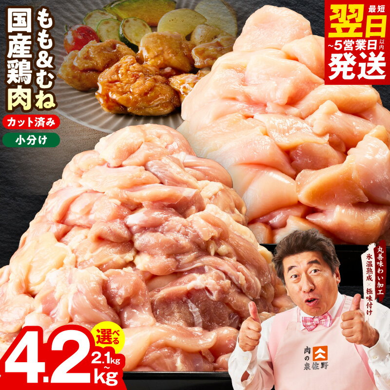 【ふるさと納税】最短翌日発送 国産 鶏肉セット もも ＆ むね カット済み 2.1kg / 4.2kg 選べる 発送月 氷温熟成 極味付け 小分け 普段使い カット 肉 丸善味わい加工 ふるさと納税オリジナル 冷凍 お取り寄せ 5営業日 泉佐野市 送料無料 肉の泉佐野