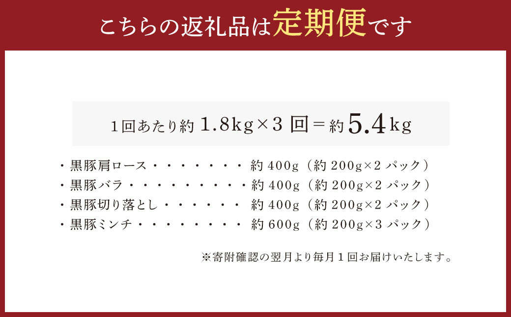 【3ヶ月定期便】鹿児島県産黒豚 4種詰合せセット(約1.8kg×3回)