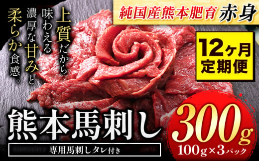 【12ヶ月定期便】赤身馬刺し300g【純国産熊本肥育】 たっぷり300g 約100g×3ブロック(タレ5ml×6袋) 生食用 冷凍《お申込み月の翌月から出荷開始》送料無料