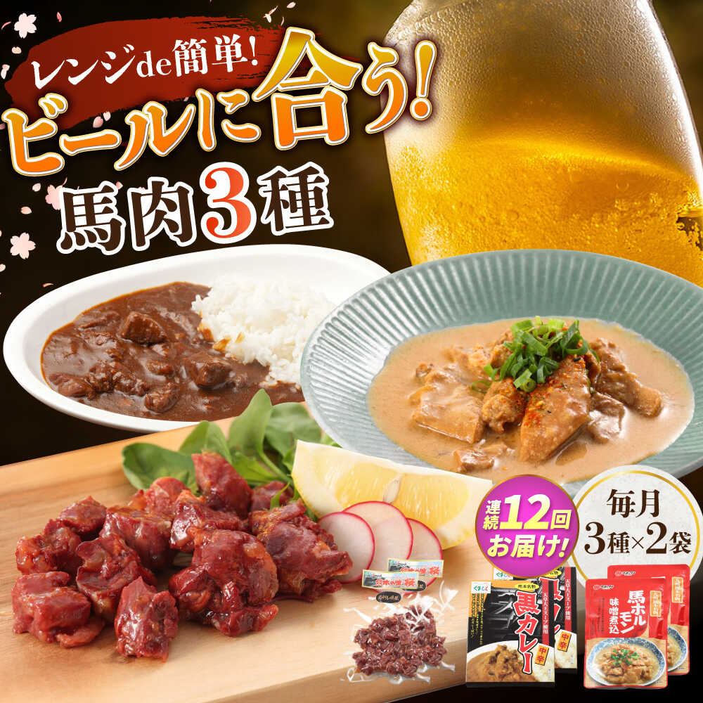 【ふるさと納税】【全12回定期便】熊本の味 馬肉 100% おつまみ 3種 セット 約960g 燻製 カレー ホルモン【有限会社 九州食肉産業】[AYCN130]