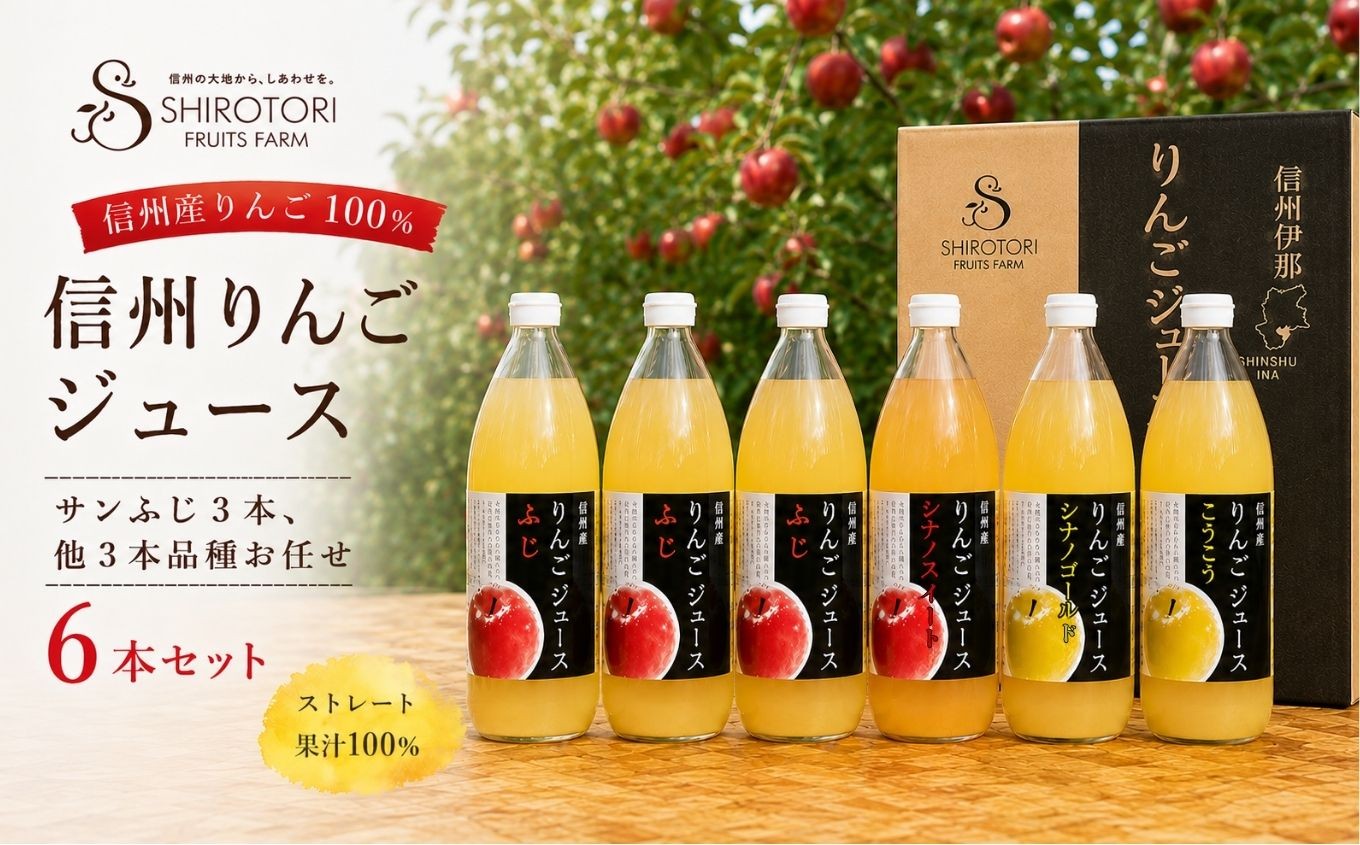 
                  リンゴジュース 信州 りんごジュース（サンふじ3本、他3本品種お任せ）　6本セット ｜ りんご リンゴ 林檎 りんごジュース サンふじ 飲み比べ セット 飲料 果実飲料 伊那市 長野 信州【013-62】
                