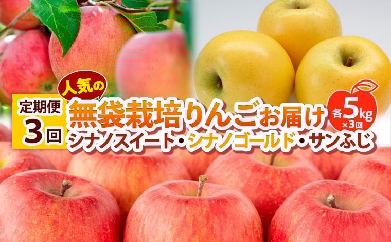 
                  【定期便3回】 人気の無袋栽培りんごお届け 各5kg×3回(シナノスイート、シナノゴールド、サンふじ) 【令和8年産先行予約】FS25-776
                