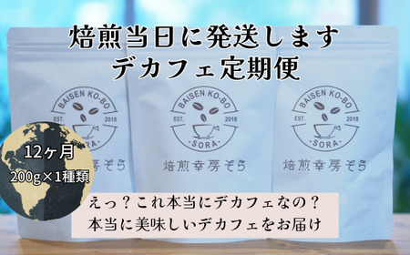 デカフェ 12ヶ月 定期便 豆 200g×1種類 焙煎幸房“そら”｜デカフェ